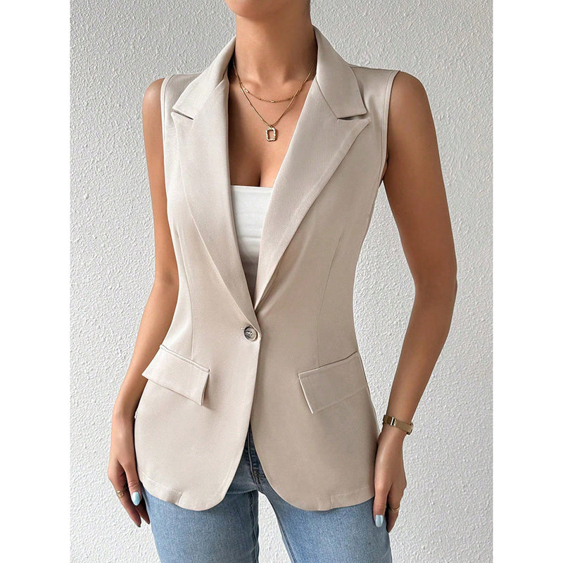 Women's sleeveless blazer vest by FitiqueFit, casual open-front office top, stylish workwear jacket with a tailored fit.