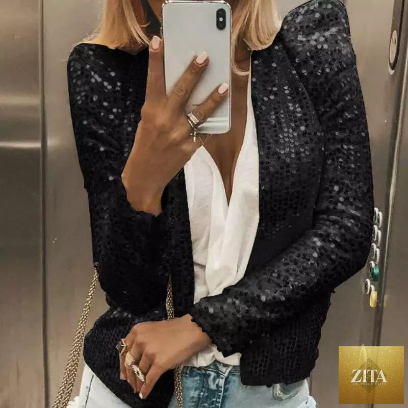 Women's Colorblock Sequin Short Jacket by FitiqueFit, featuring vibrant color blocks and sparkling sequins for casual glam style.