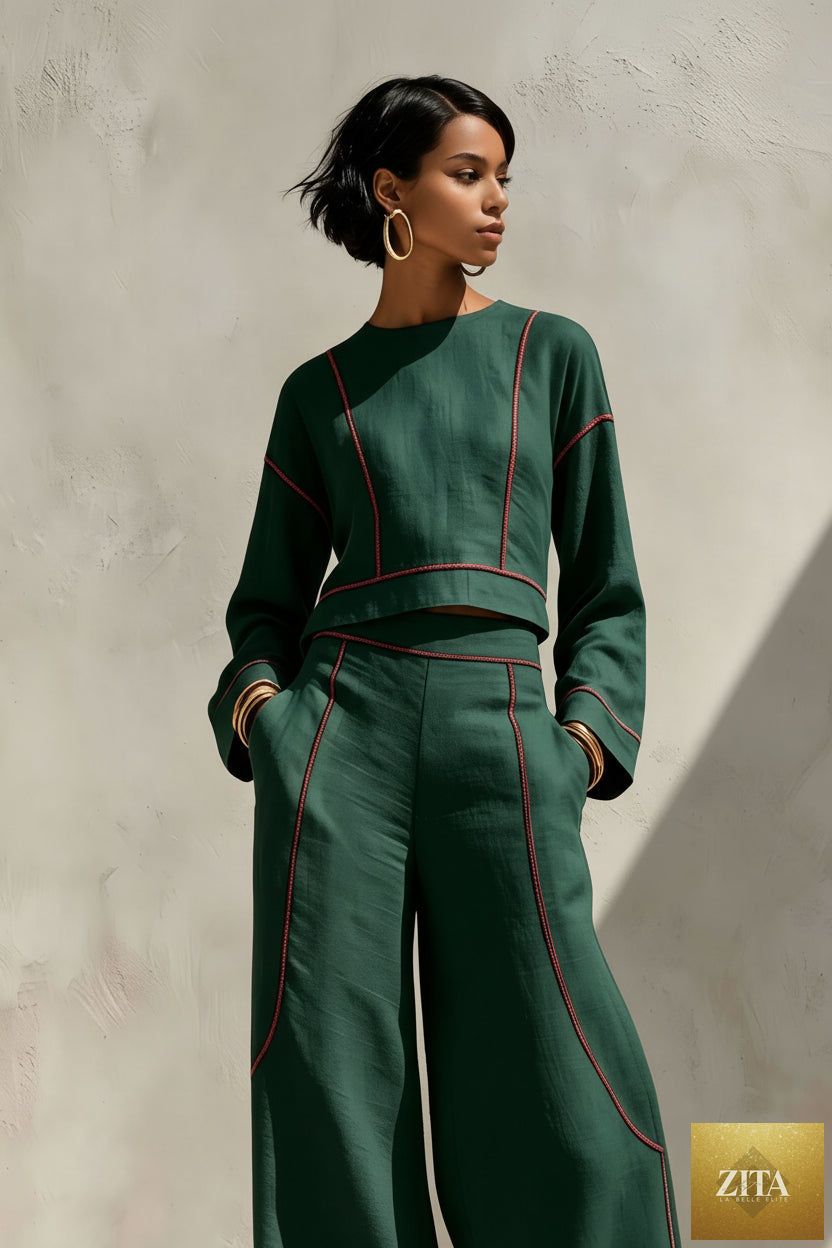 Women's Cropped Long-Sleeve Top & Ultra-Wide Palazzo Pants Set