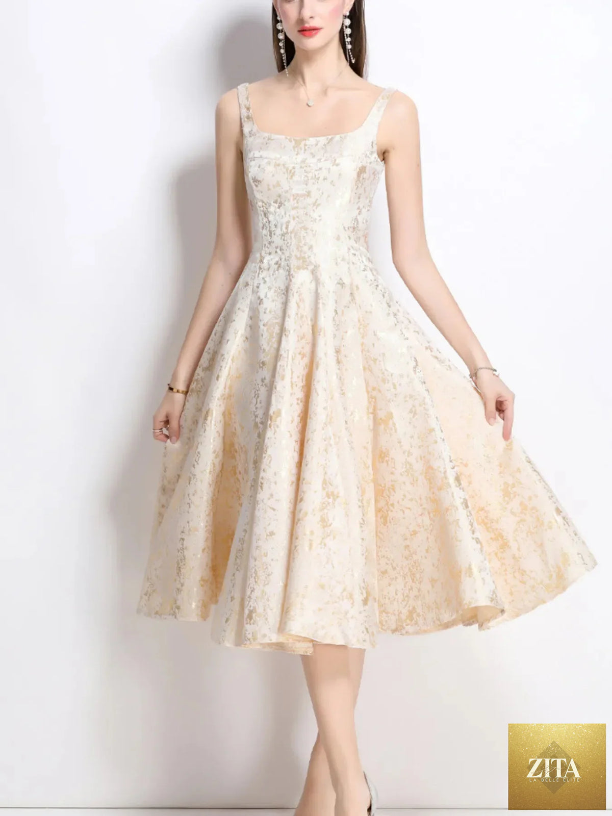 Floral A-line sleeveless midi dress by Shopiebay with a fitted waist and vibrant flower pattern, stylish for summer wear.