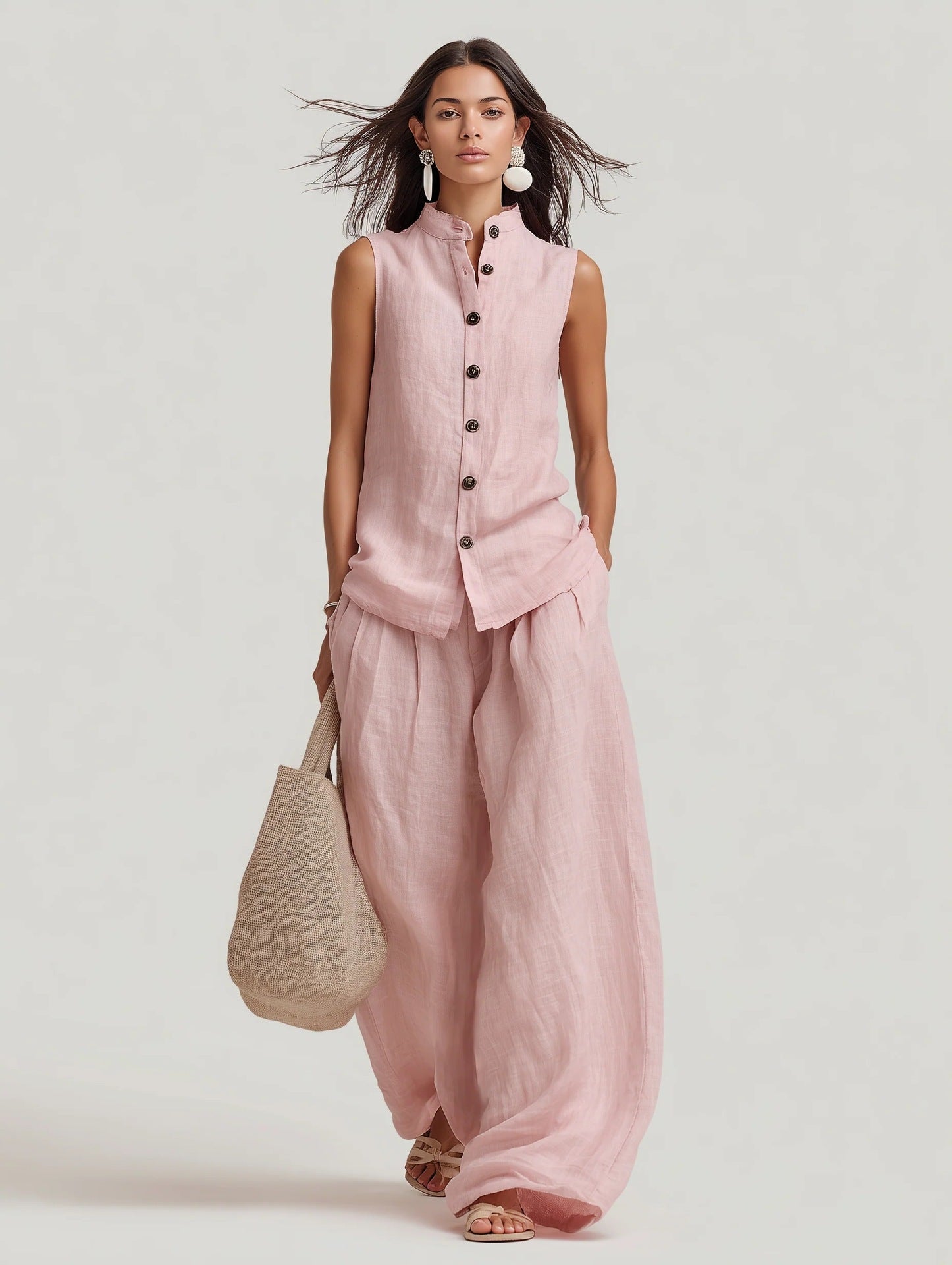 Women's casual sleeveless top with stand collar and high-waist wide-leg pants from FitiqueFit, displayed on a model.