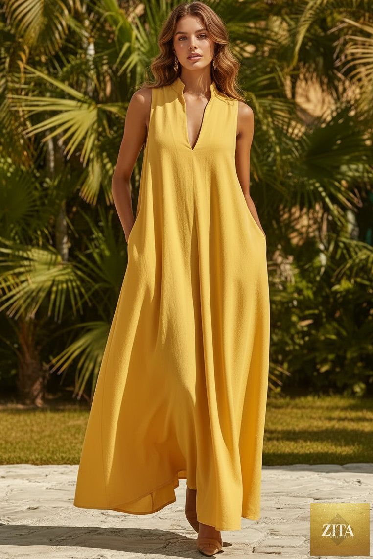 Women's sleeveless stand-collar maxi dress by MERIDGE, flowing fabric, fitted bodice, and full-length skirt, stylish and elegant.