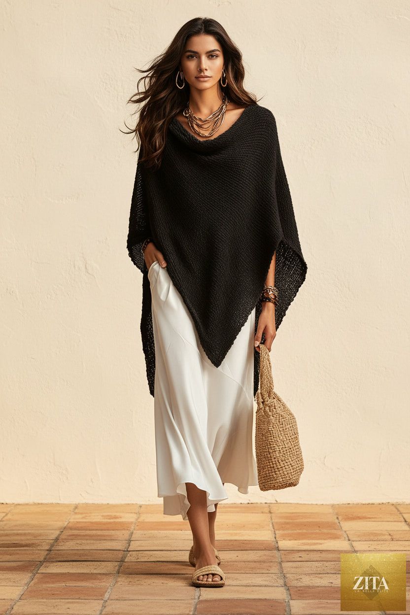Women's Open-Knit Asymmetric Cape & Ruched V-Neck Fluid Maxi Dress Set