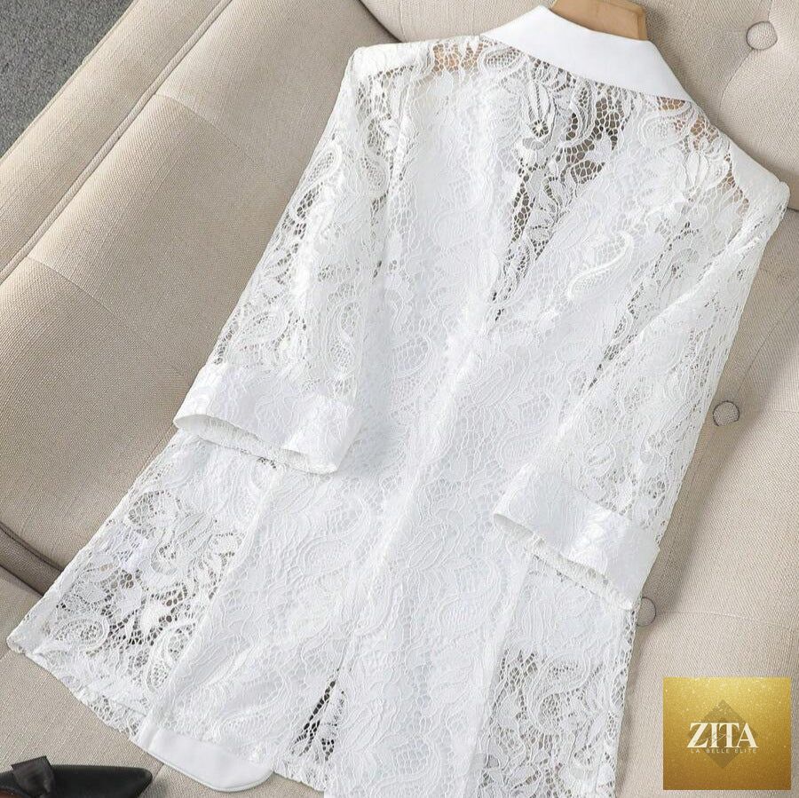 Elegant women's blazer with lace panels, stylish tailored fit, from Sell My Stuff, perfect for fashionable office or casual wear.