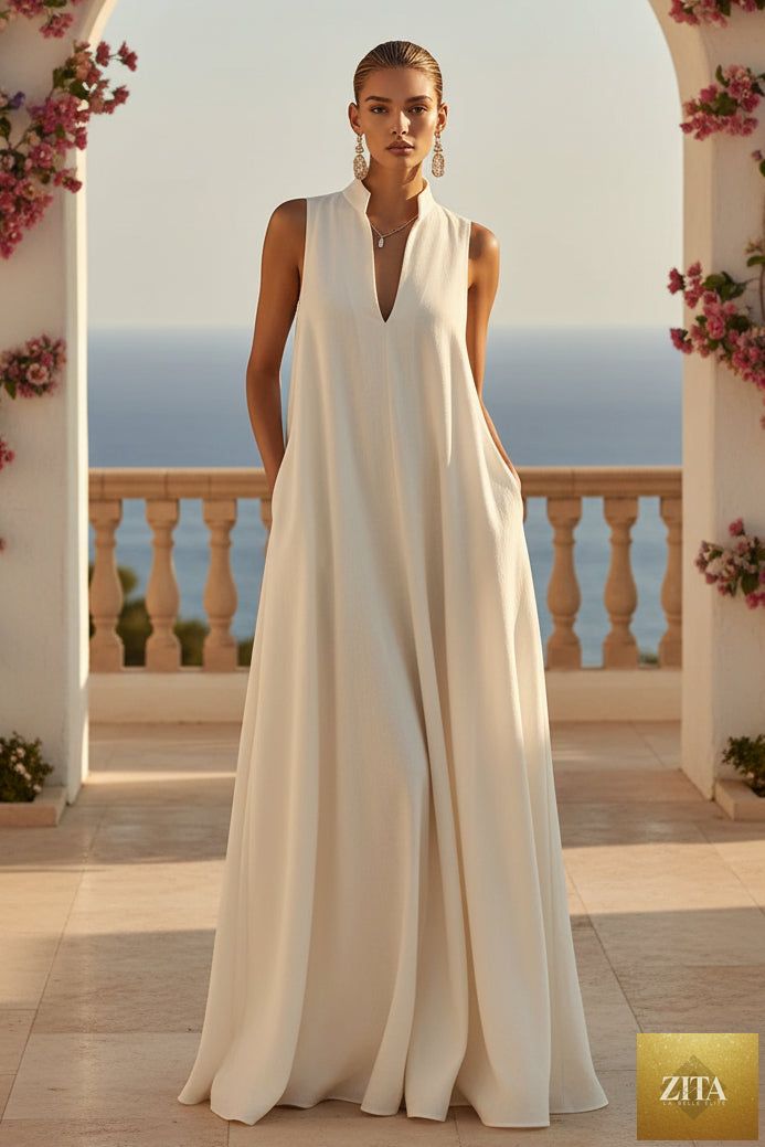 Women's sleeveless stand-collar maxi dress by MERIDGE, featuring a flowing fabric and elegant design.