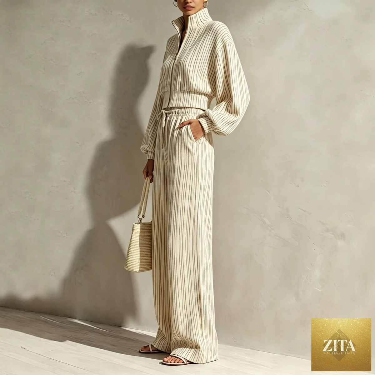 Women's Textured Woven-Stripe Puff-Sleeve Zip Jacket & Wide-Leg Pants Set