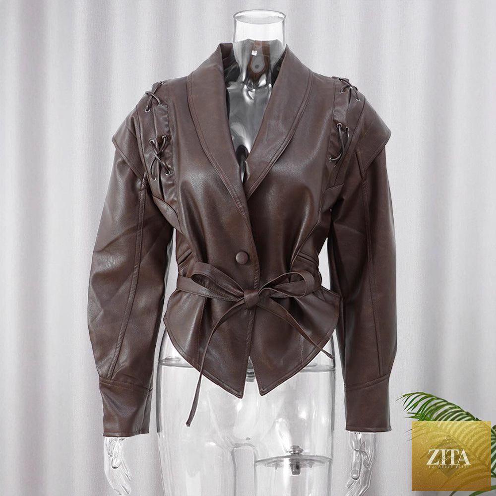 FitiqueFit PU leather strap-up short jacket with V-neck and long sleeves, perfect for streetwear style.