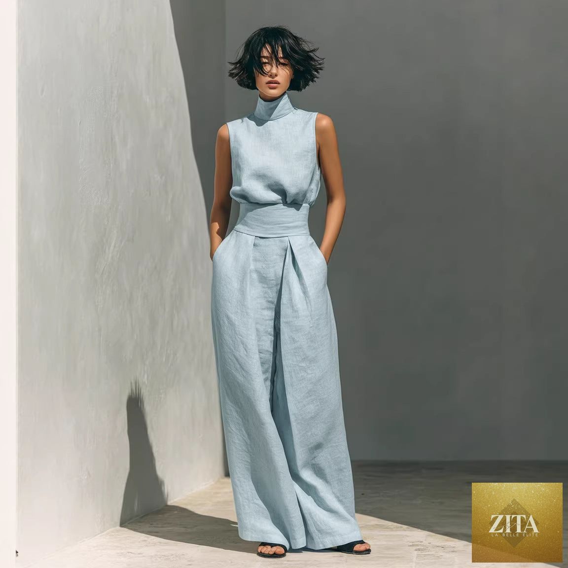 Women's linen-blend high-neck sleeveless top and wide-leg pants set by MERIDGE, featuring a stylish and comfortable two-piece outfit.