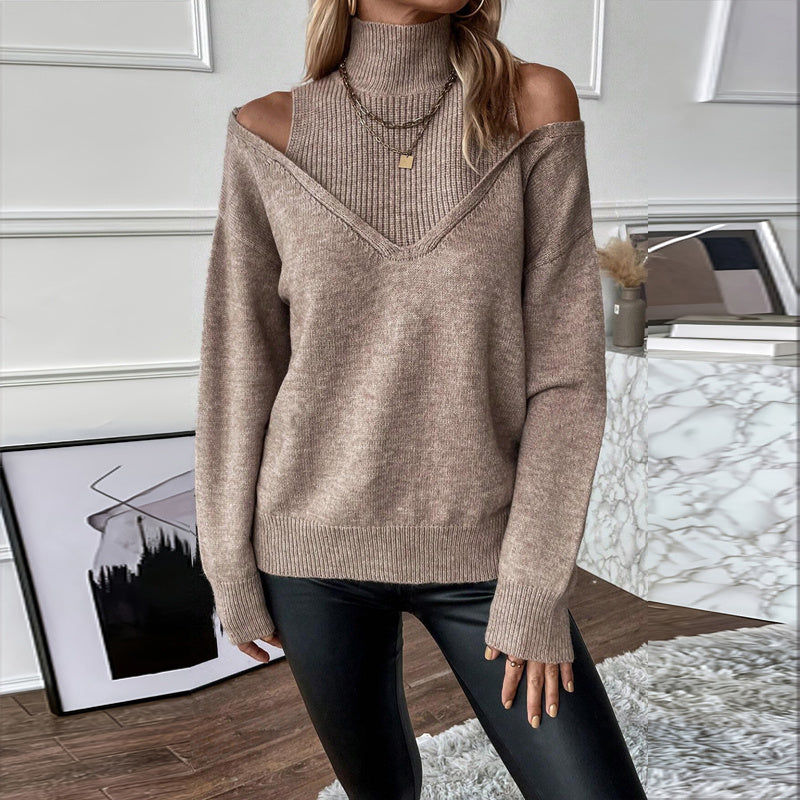 Women’s elegant off-shoulder turtleneck sweater by FitiqueFit featuring long sleeves and a cozy knit design.