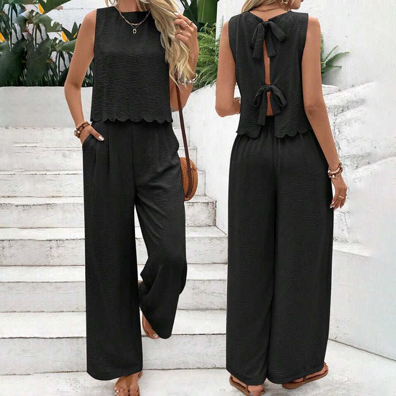 FitiqueFit elegant 2-piece matching set featuring a sleeveless crop top and wide-leg pants for casualwear style.