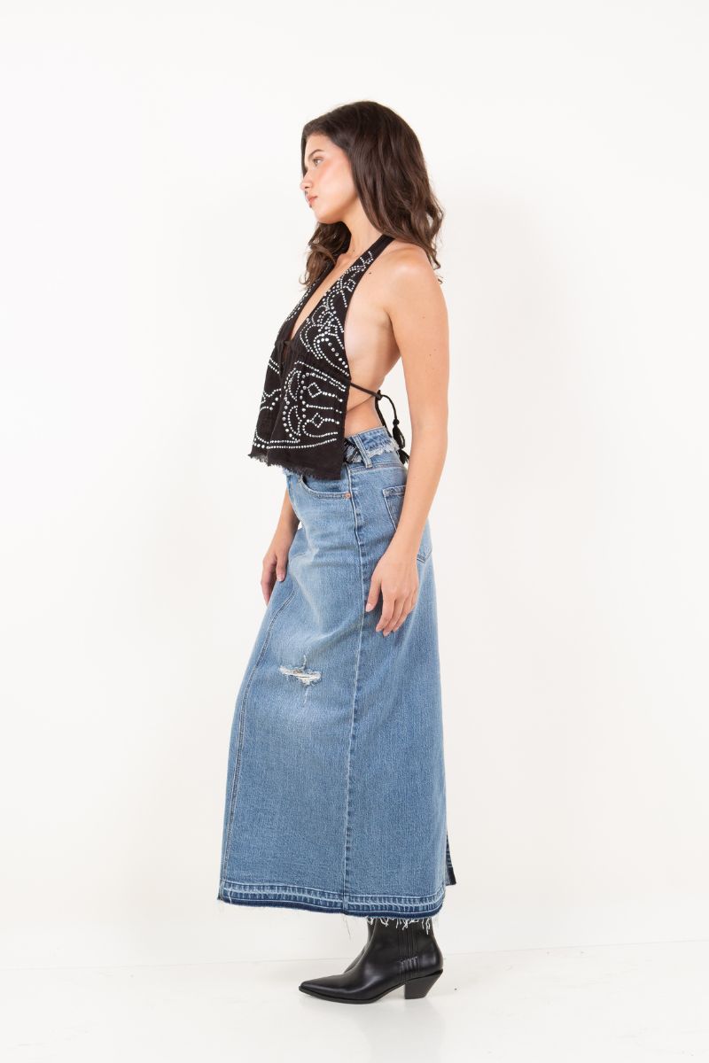 Livia Denim Maxi Skirt Frayed Waistband w/ Slit Detail