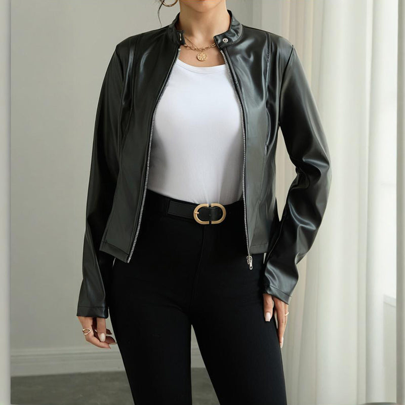 Women's solid color faux leather blazer with long sleeves and stand collar, casualwear from FitiqueFit.