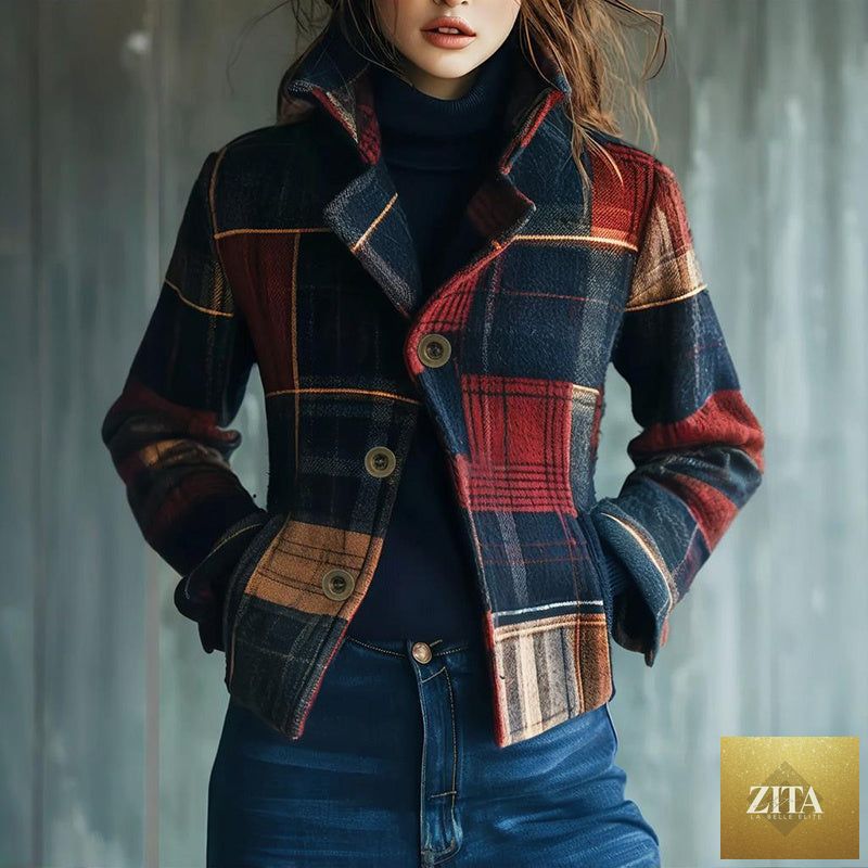 Vintage FitiqueFit women's blazer with stand collar and single-row buttons, tailored jacket for a sophisticated look.