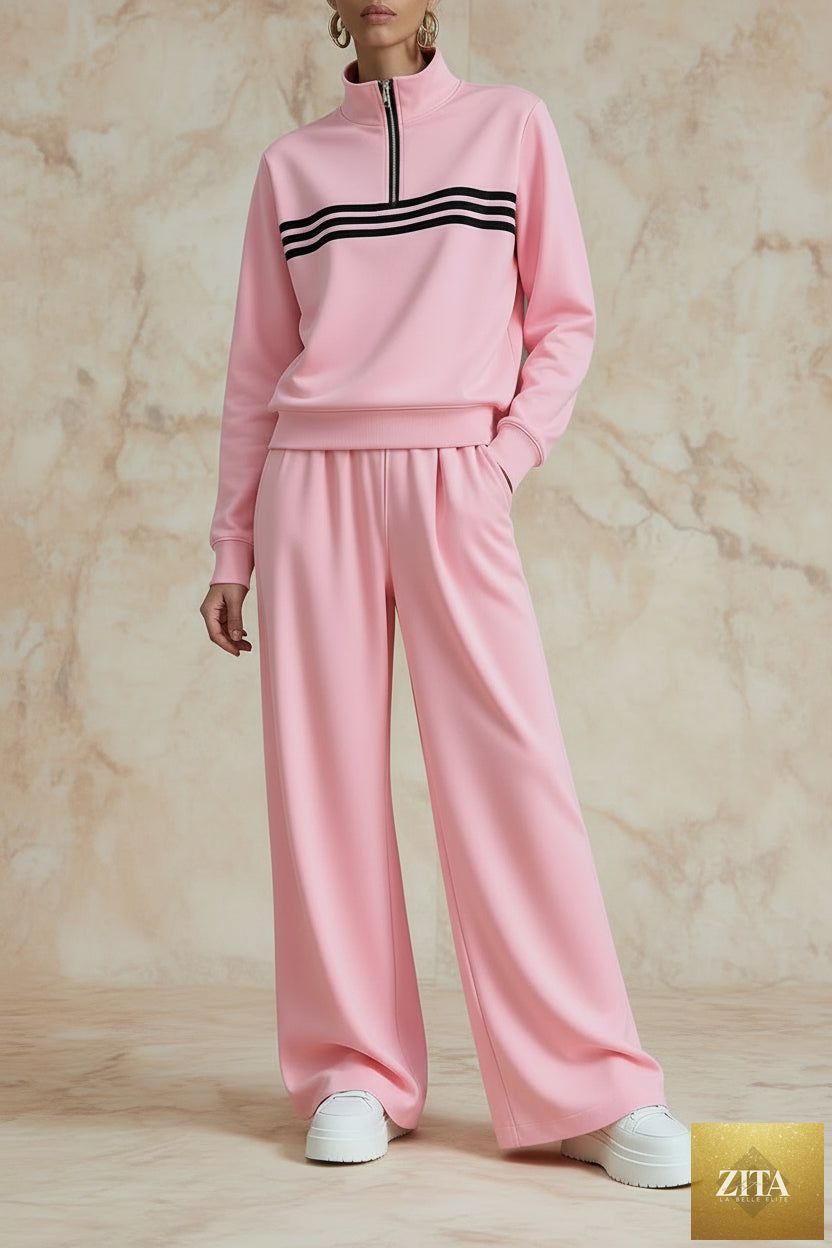 Women's Half-Zip Stripe Sweatshirt & Wide-Leg Pants Set