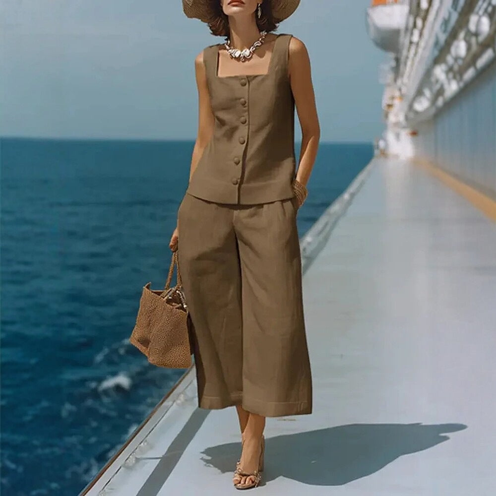 Women's Cotton Linen Square Neck Top & Capri Pants Set