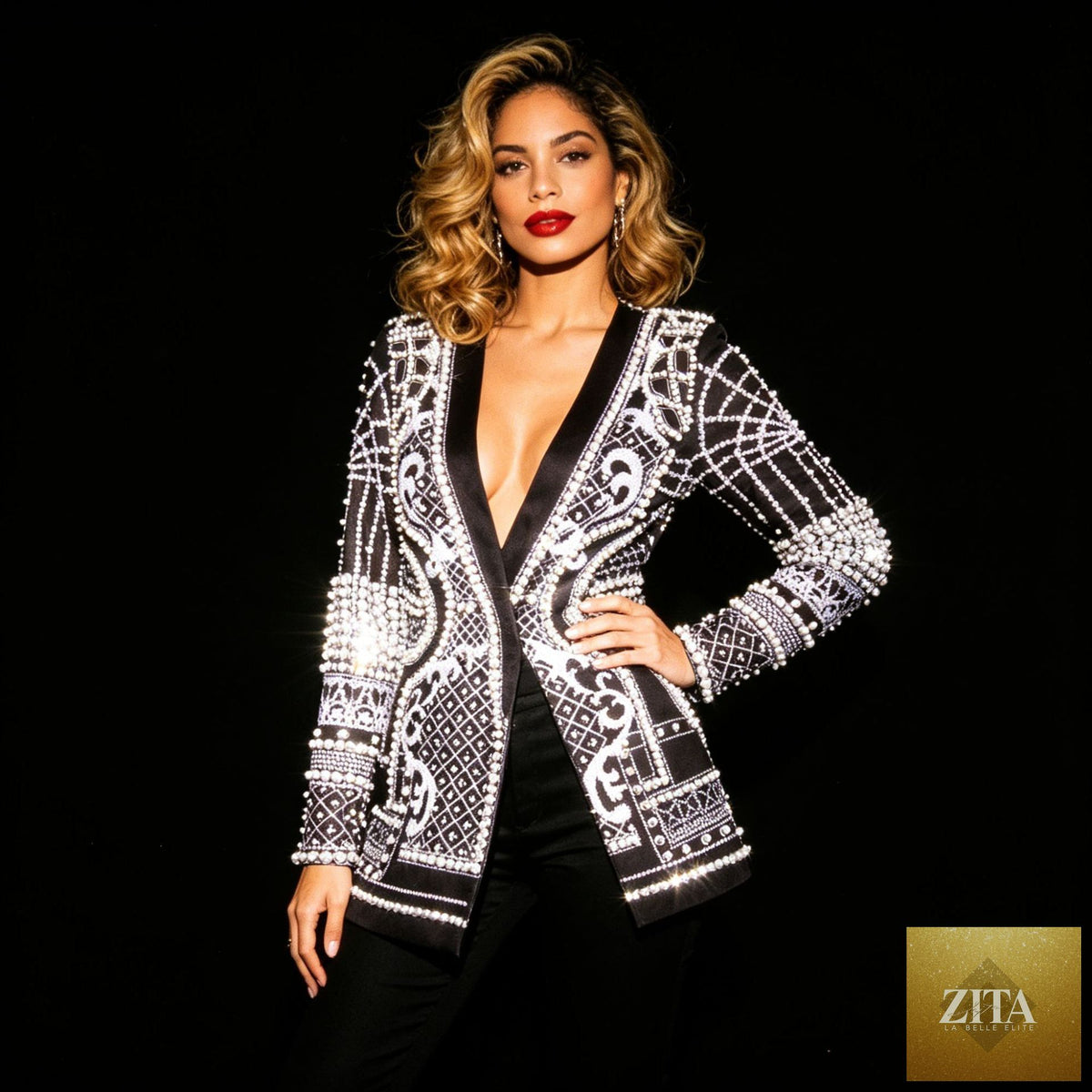 Pearl-bead printed petite blazer for women featuring a tailored fit, lightweight fabric, and stylish design.