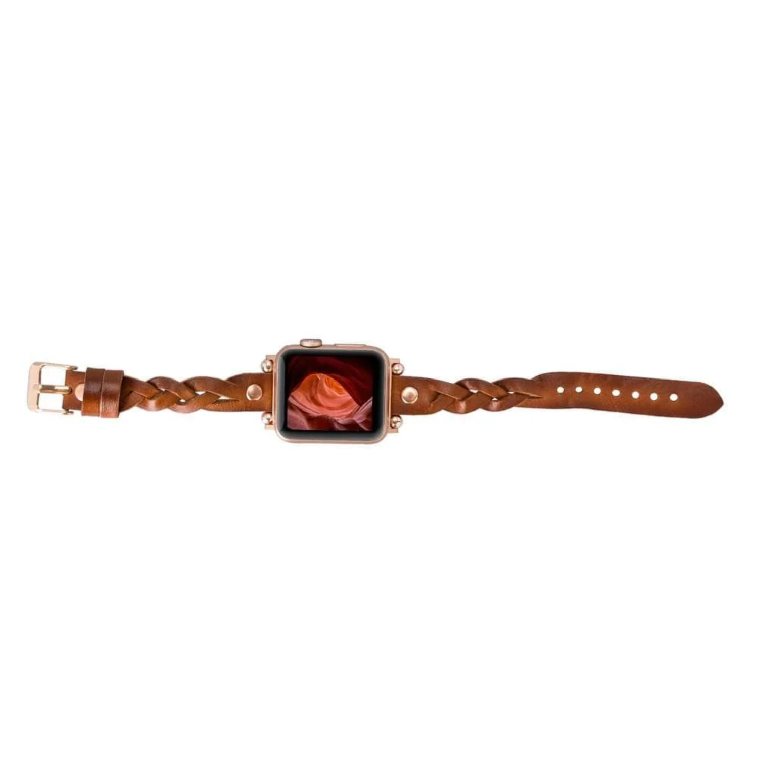 Leather Apple Watch band in brown with a braided design by LEATHERE, designed for a stylish and comfortable fit.