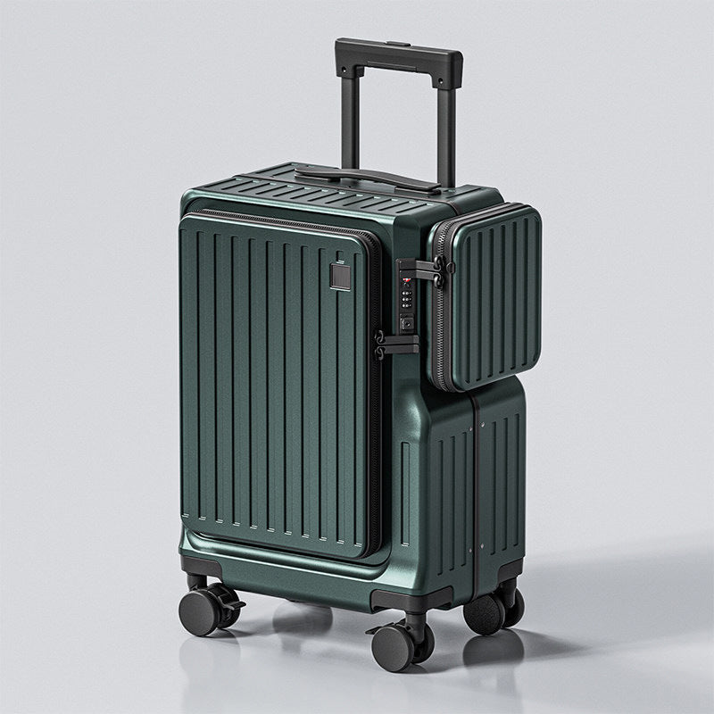 Front-opening 20-inch carry-on suitcase by Social Buzz eSIMs showing a sleek black exterior with a front zipper compartment.