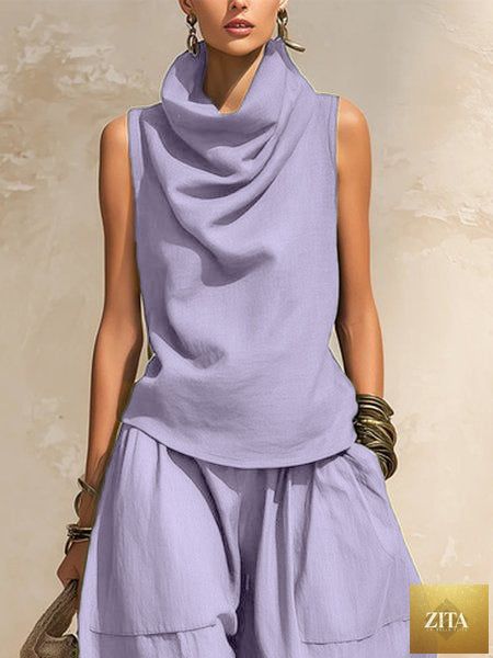 Women's Draped Cowl-Neck Sleeveless Top & Voluminous Balloon Lantern Trouser Set