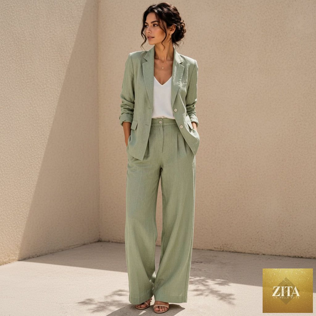 Women's Linen-Look Oversized Double-Breasted Blazer & Wide-Leg Pleated Trouser Suit Set
