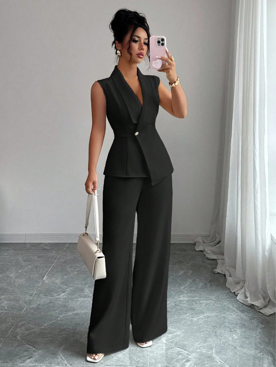 Women's sleeveless blazer and straight-leg pants two-piece set by FitiqueFit, casualwear ensemble with tailored fit and modern style.