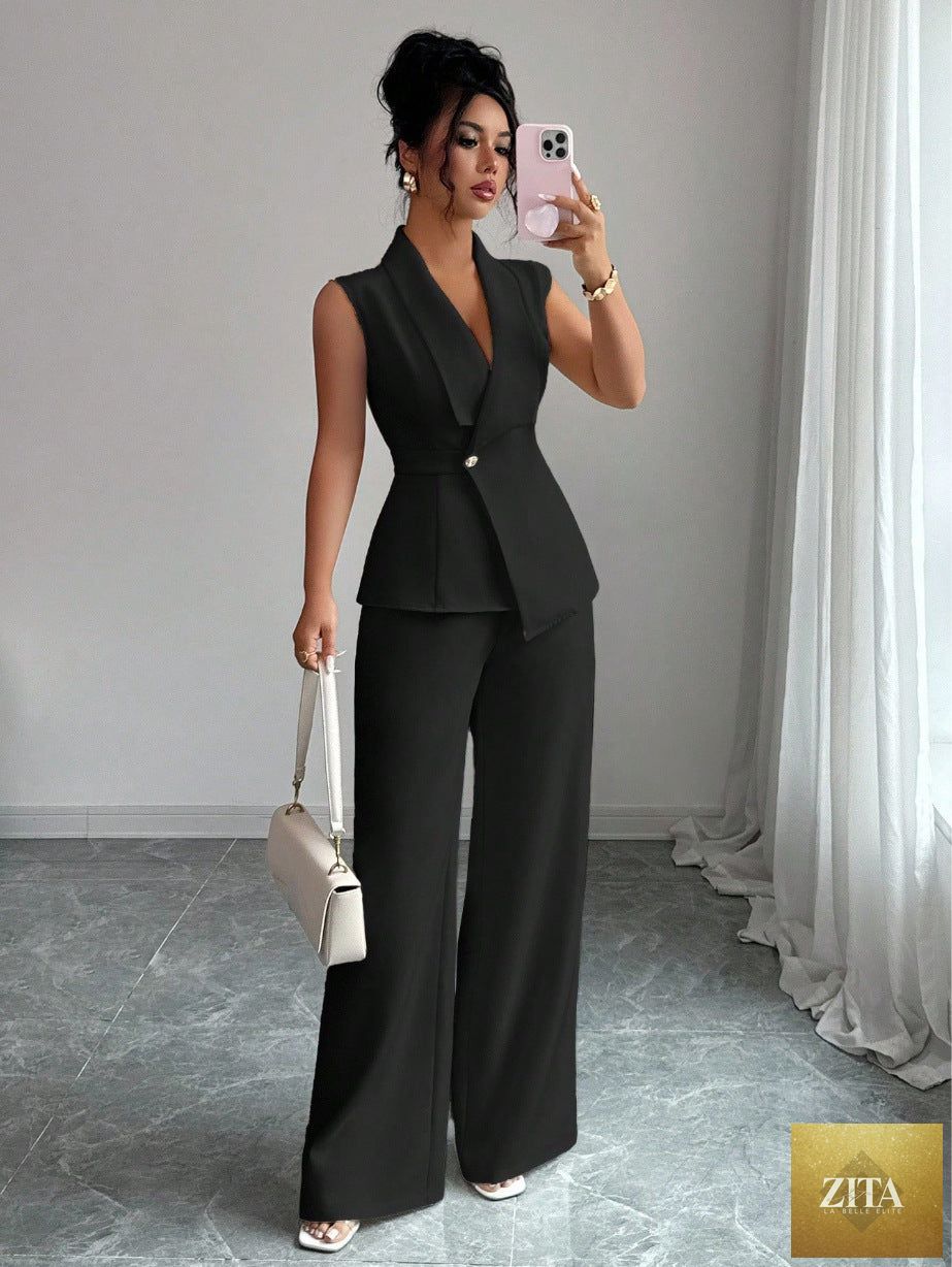 Women's MERIDGE peplum sleeveless blazer and wide-leg pants two-piece set, featuring stylish tailored design and modern fashion details.