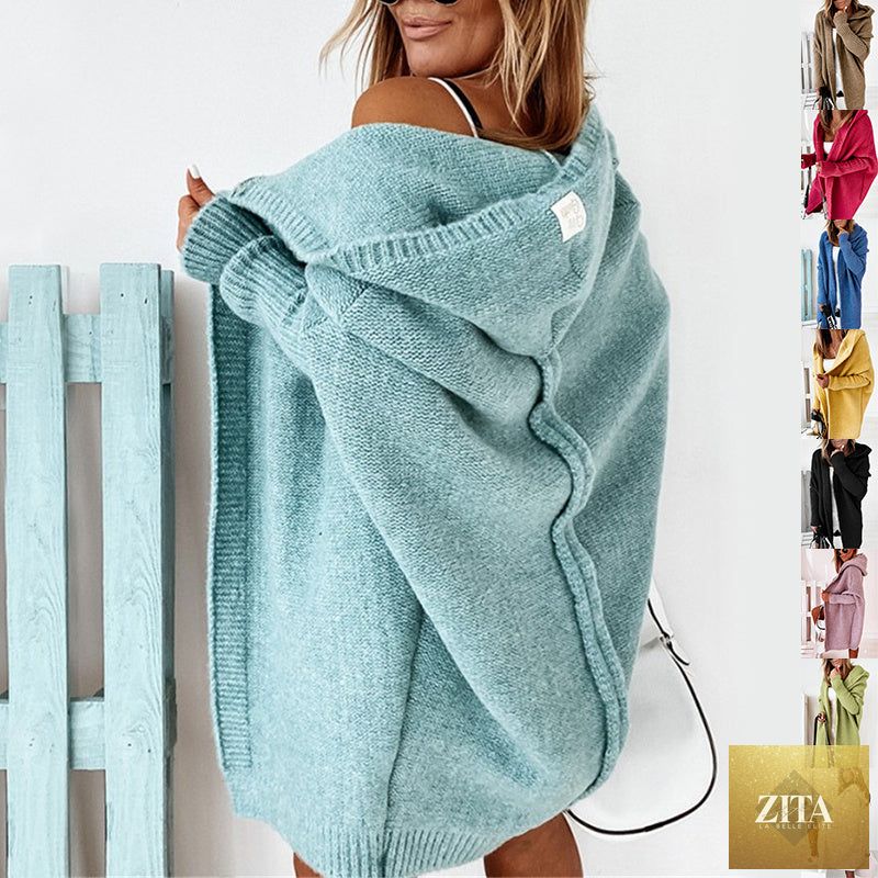 Oversized black bat sleeve hooded cardigan for women, stylish loose fit sweater with solid color and casual fashion look.