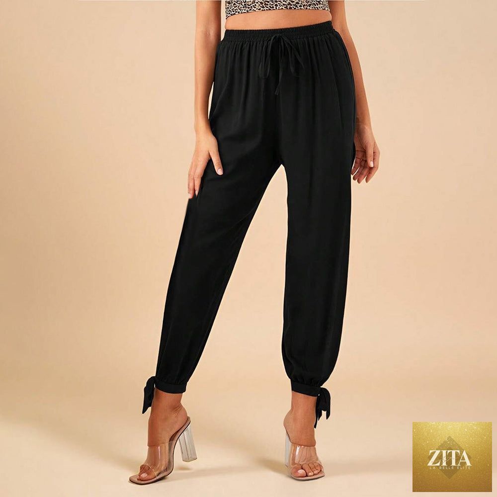 Black High-waisted Drawstring Split-leg Tie-cuff Casual Pants