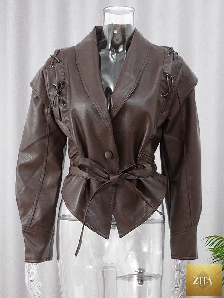 FitiqueFit PU leather strap-up short jacket with V-neck, long sleeves, stylish streetwear design, perfect for casual outings.