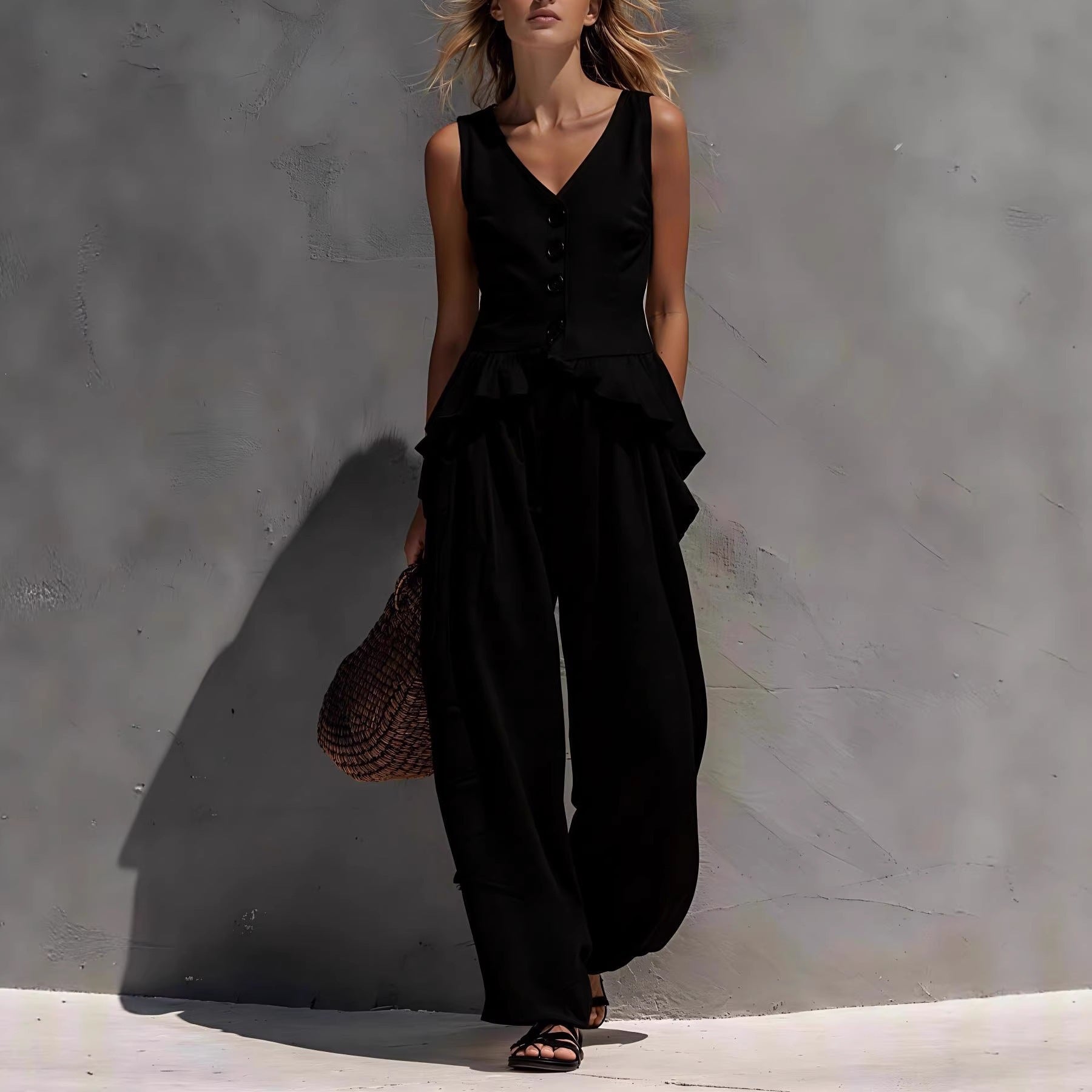 FitiqueFit ruffled tank top and draping wide-leg pants set in multiple colors, casualwear style, displayed on a model.
