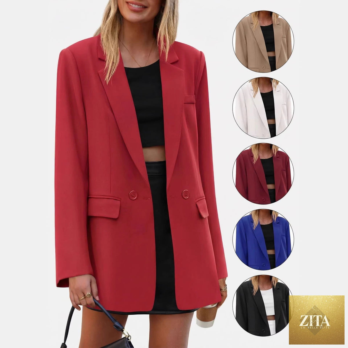 Casual women's relaxed-fit figure-flattering commuter blazer in neutral fabric, versatile for professional and casual wear.