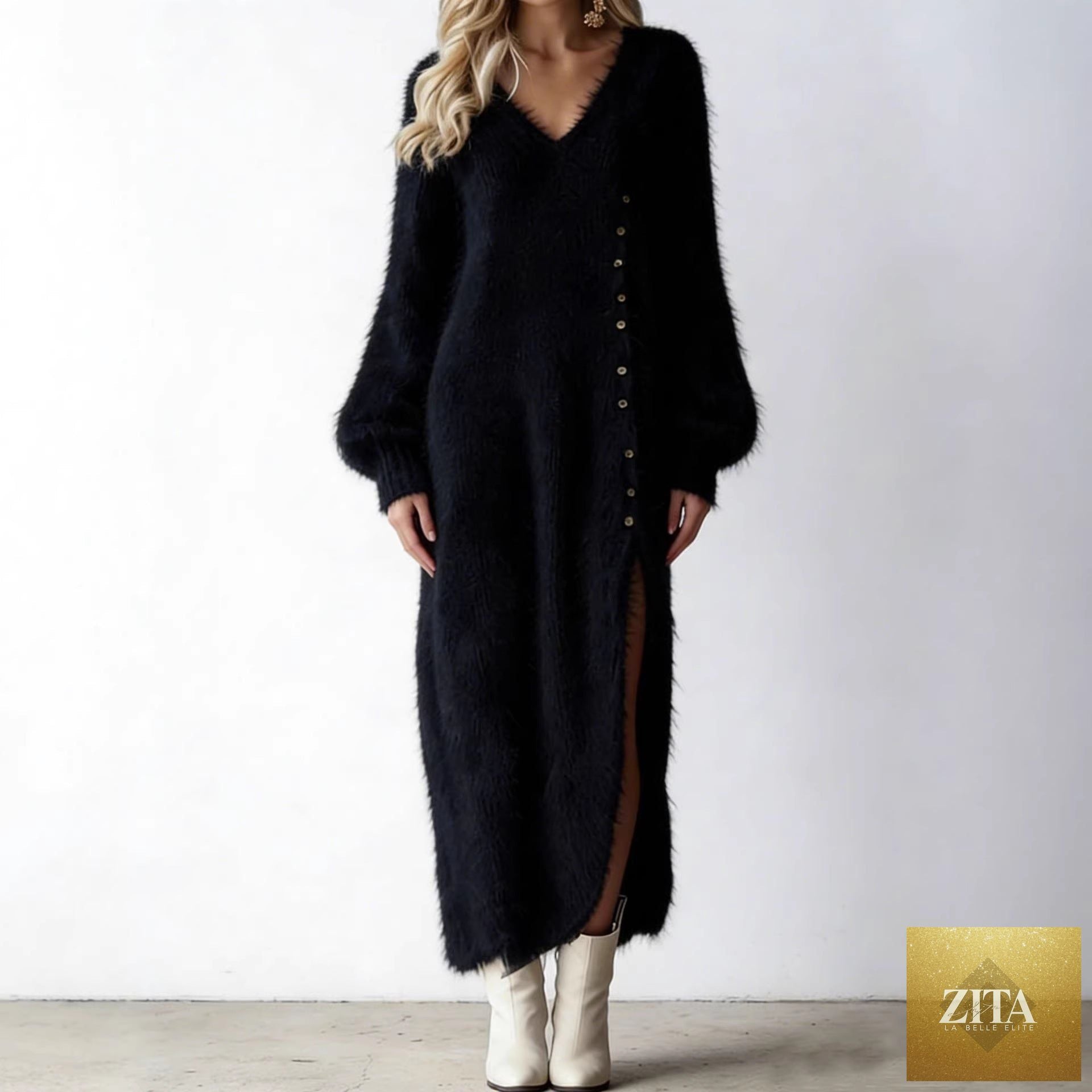 V-Neck loose button slit dress by FitiqueFit, long sleeve midi dress with a relaxed fit and stylish slit detail.