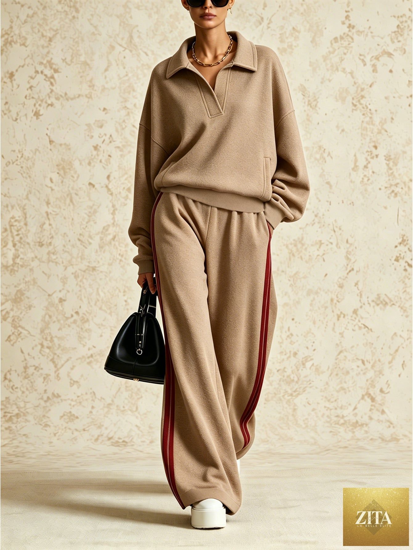 Women's Polo-Collar Oversized Sweatshirt & Side-Stripe Wide-Leg Pants Set