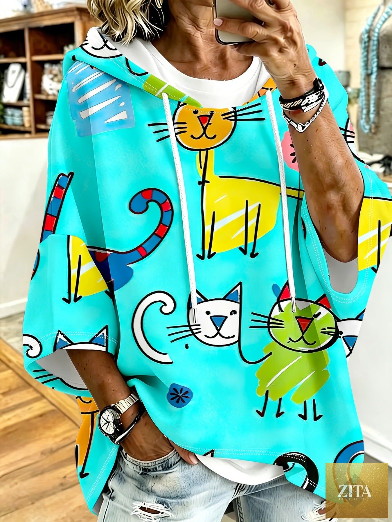 Cartoon Cat Print Hoodie with 3/4 Sleeves & Drawstring