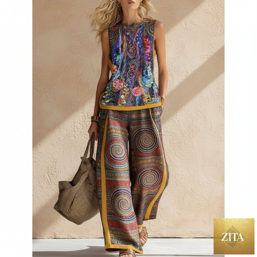 Printed retro sleeveless top and wide-leg pants set by MERIDGE, featuring vibrant 12 print options in a stylish two-piece design.