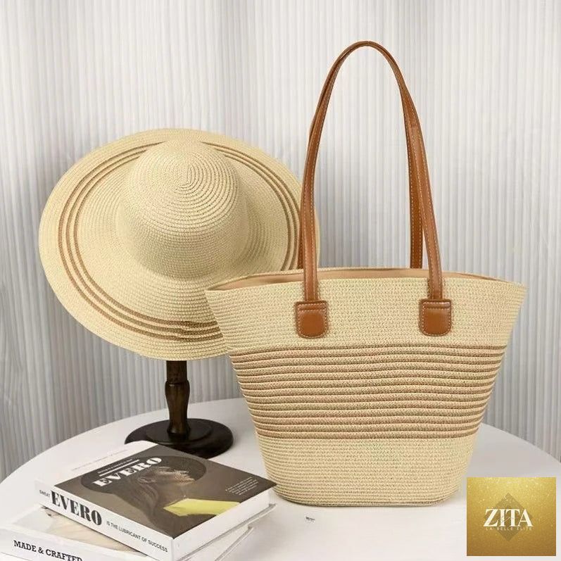 Straw Hat & Tote Set – Beach Vacation Sun Protection Duo, Large Capacity Travel Tote