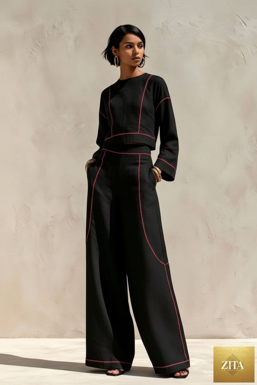 Women's Cropped Long-Sleeve Top & Ultra-Wide Palazzo Pants Set