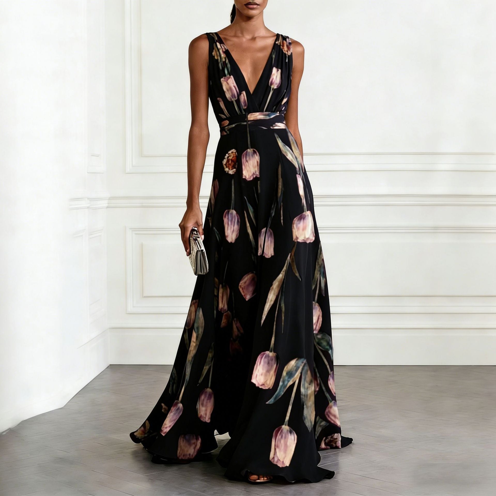 Women's tulip print sleeveless deep V-neck A-line maxi dress by FitiqueFit, featuring a flowing silhouette and vibrant floral pattern.