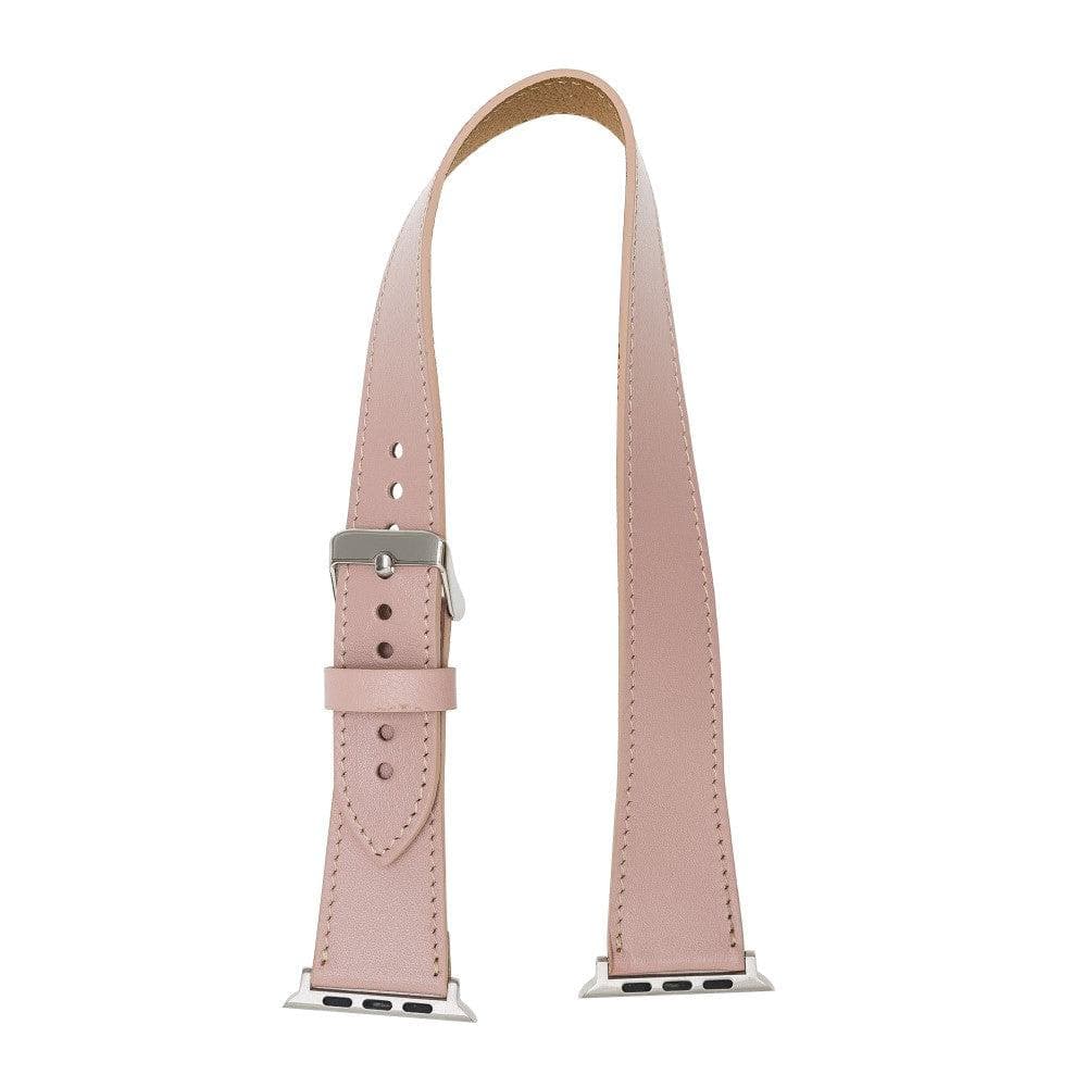 Luxury double wrap pink leather Apple Watch band by LEATHERE, featuring a sleek design and secure clasp for stylish wear.
