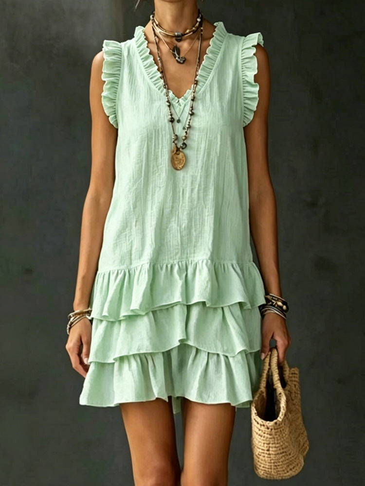 FitiqueFit V-neck ruffle-trim tiered sleeveless midi dress in three colors, casualwear style, size S to XXL, displayed on a hanger.