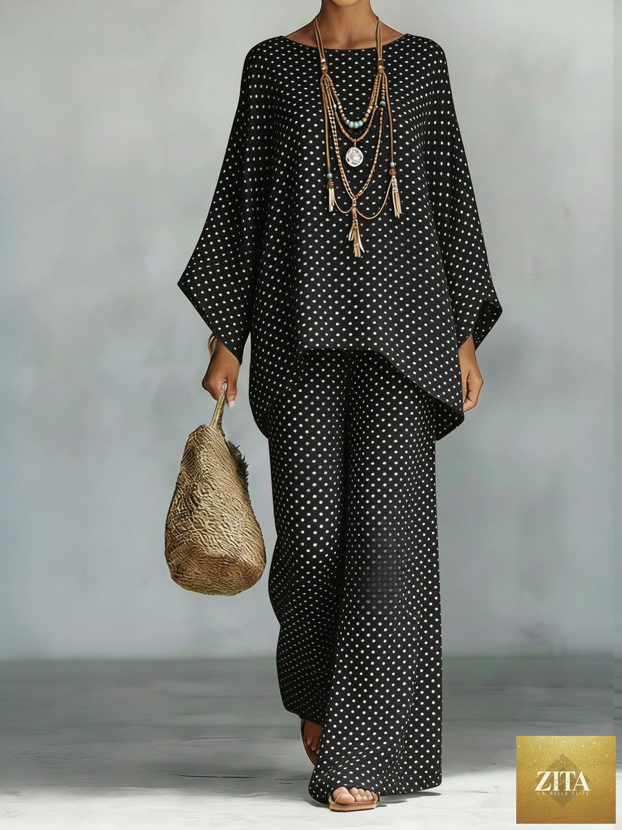 MERIDGE floral print bamboo linen two-piece set with wide-leg pants, shown in a stylish, lightweight fabric design.