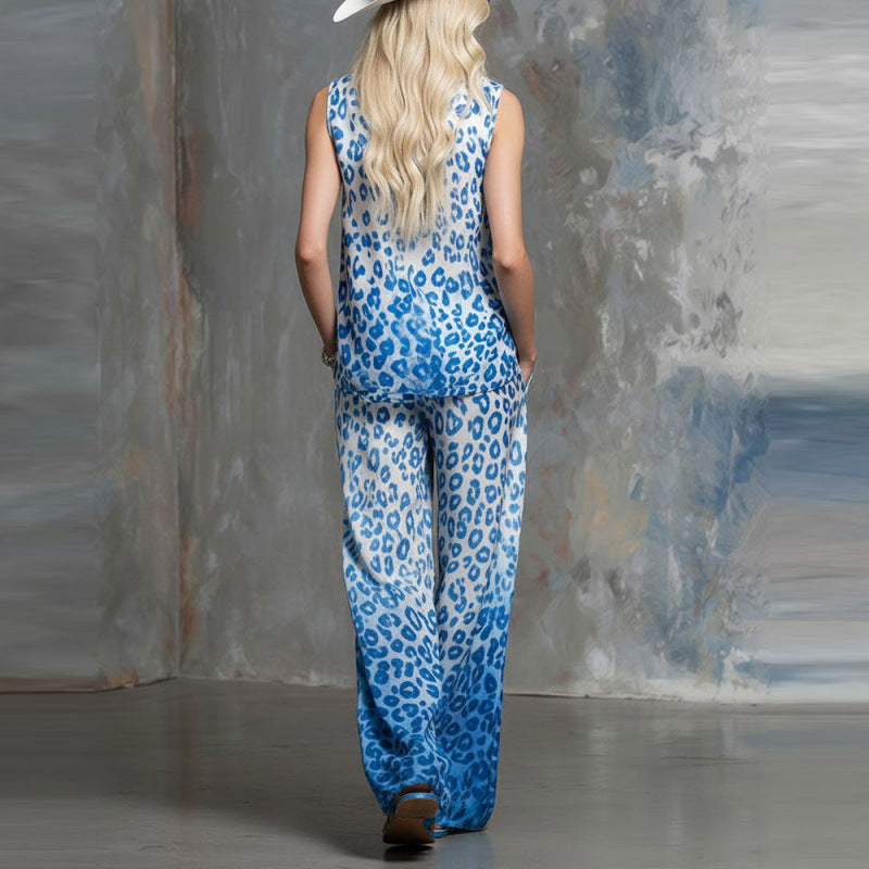 FitiqueFit loose-fit leopard-print sleeveless shirt and trousers casualwear two-piece set, stylish and comfortable for everyday wear.