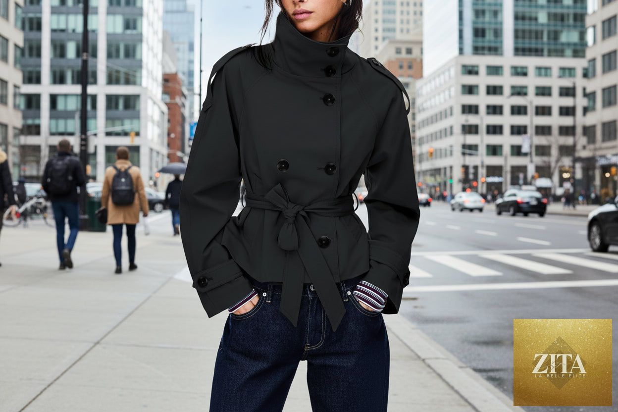 Women’s lace-up waist trench coat by FitiqueFit, stylish jacket with a fitted silhouette and classic lapel collar for a polished look.