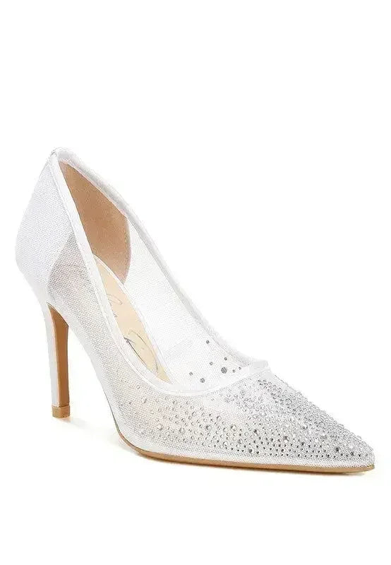 Femstylo high ball mesh rhinestone stiletto pumps featuring sparkling rhinestones and sleek heel design.