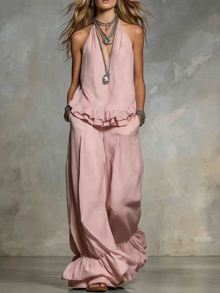Women's V-Neck Ruffle-Trim Puff-Sleeve Two-Piece Set