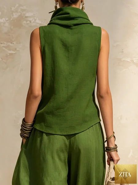 Women's Draped Cowl-Neck Sleeveless Top & Voluminous Balloon Lantern Trouser Set