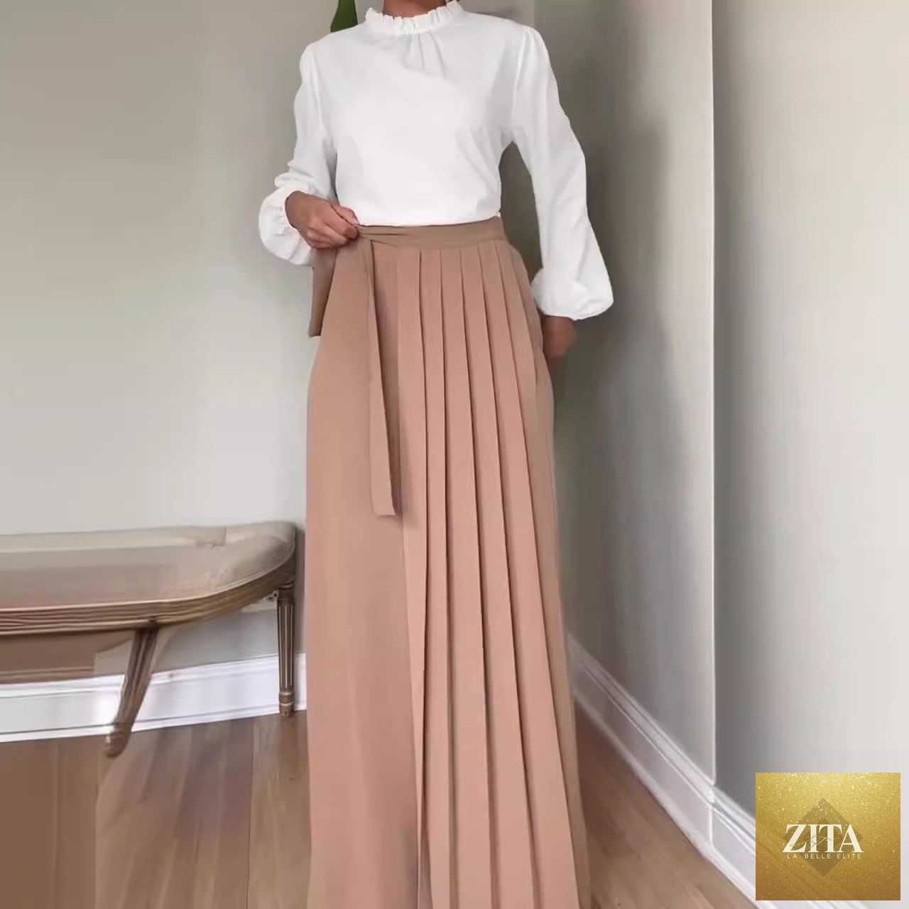 Womens Solid-Color Wide-Leg Pleated Pants With Ties
