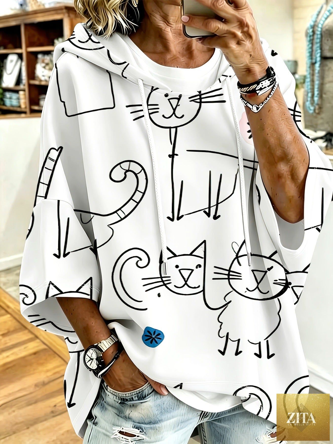 Cartoon Cat Print Hoodie with 3/4 Sleeves & Drawstring