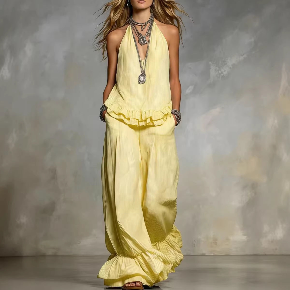 Women's V-Neck Ruffle-Trim Puff-Sleeve Two-Piece Set