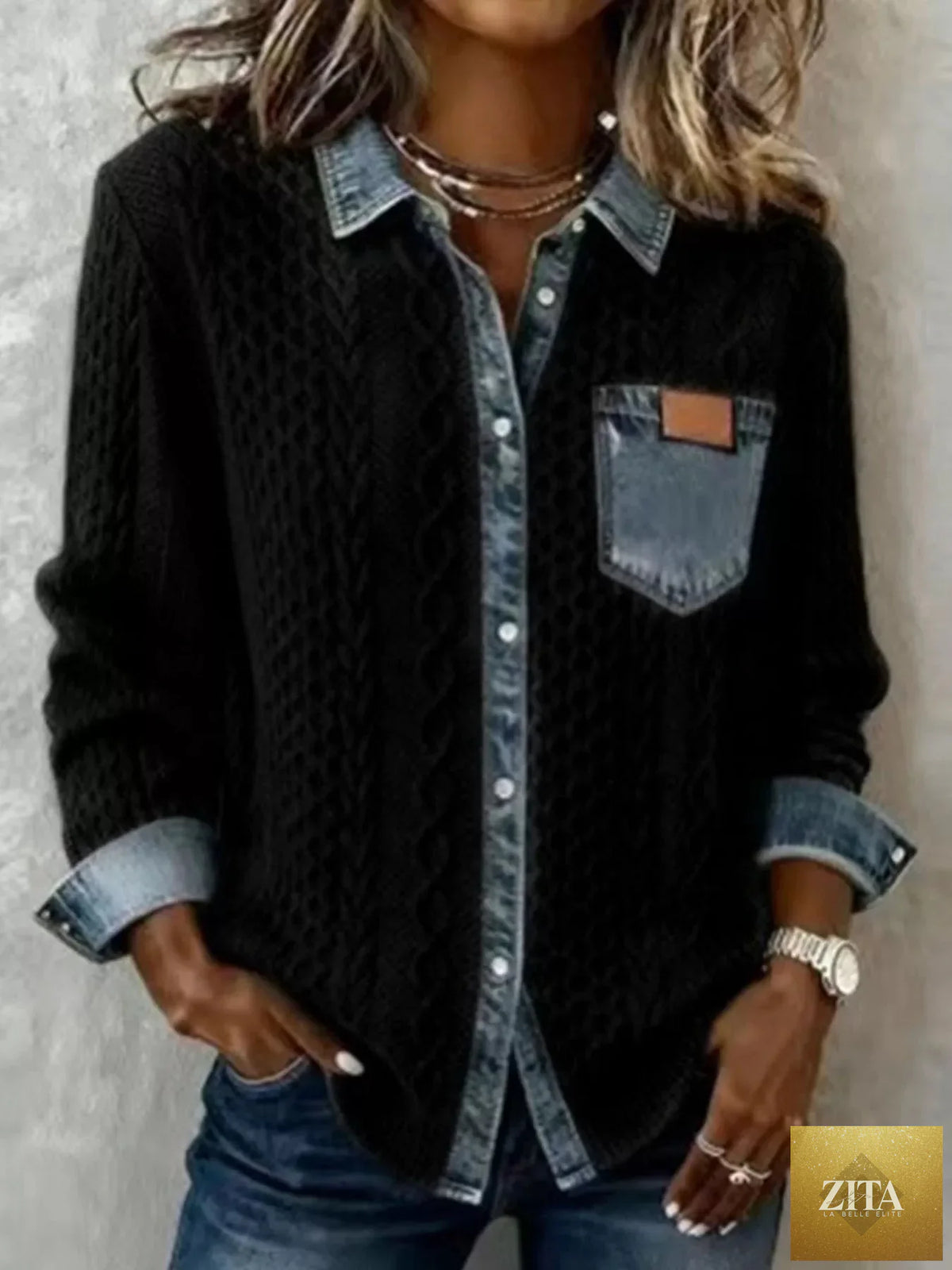Denim Trim Cable Knit Cardigan